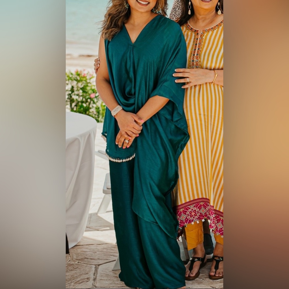 Teal Satin Kaftan with Pearl Trim